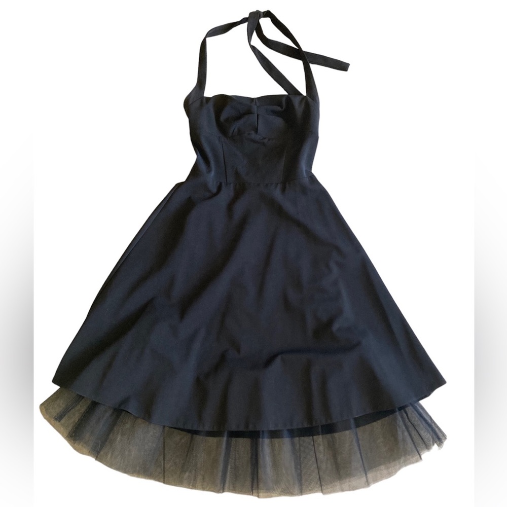 Black Halter Neck Fit-and-Flare Dress with Tulle Hem